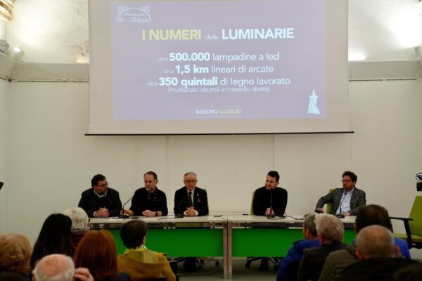 Associazione Maria Santissima della Bruna presenta luminarie artistiche 2025 dell'azienda "Luminarie De Filippo" per la festa della Bruna a Matera: report e foto