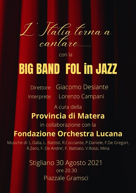 Il 30 agosto Big Band Fol in Jazz in concerto a Stigliano per la rassegna "L'Italia ritorna a cantare" di Fondazione Orchestra Lucana e Provincia di Matera