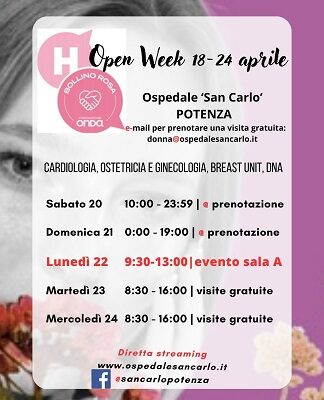 Aor San Carlo, ospedale di Potenza aderisce all'(H) Open Week sulla salute della donna  