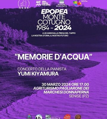 "Memorie d'acqua", concerto della pianista Yumi Kiyamura per Epopea Monte Cotugno 1984-2024 a Senise