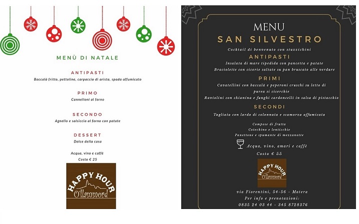 Menu Pranzo Natale 2020.Pranzo Di Natale 2018 E Cenone Di San Silvestro Per Capodanno 2019 Al Ristorante Happy Hour O Lammord Nei Sassi Di Matera Scopri I Menu Sassilive