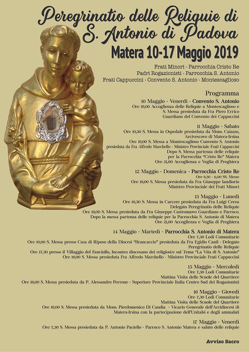 Peregrinatio delle Reliquie di Sant’Antonio di Padova a Matera e Montescaglioso